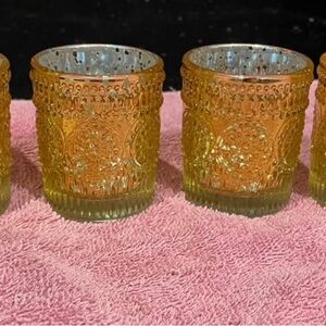 6 Available - Gold / Amber Glass Votive Candle Holders